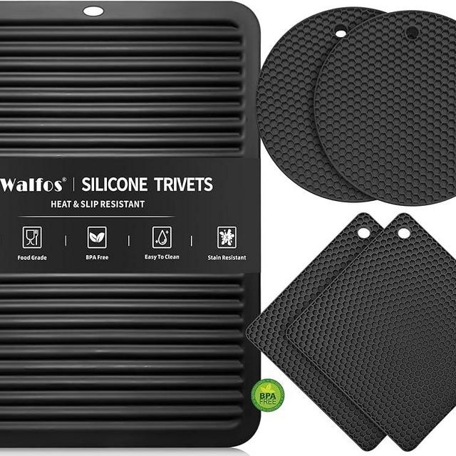 Walfos XXL Silicone Trivet 16 Inch and Round & Square Trivets 7 Inch, Trivets for Hot Pots and Pans, Heat Resistant Pot Holders Hot Pads for Kitchen Quartz Countertops, Hot Dishes, 5 Pack