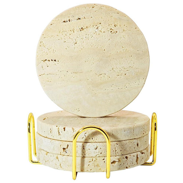 FOWSEEK Travertine Coasters Set of 4, 4'' Marble Coaster with Holder, Natural Stone Drinks Coffee Coasters for Home Office Aesthetic Decor Decorative Tray Housewarming Birthday Gift