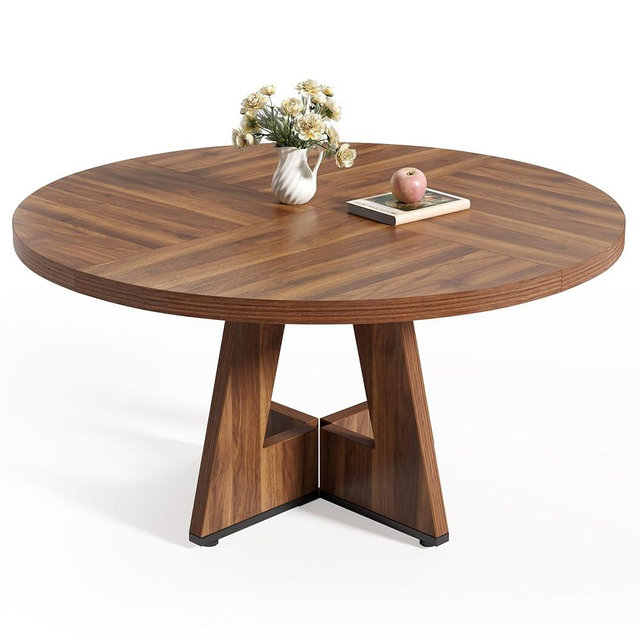 LITTLE TREE Round Dining Table for 4-6 People, 47 Inches Dining Room Table with Wooden Pedestal Base, Brown Dinner Table, Circle Kitchen Table for Dining Room, Kitchen, Living Room(Table Only)