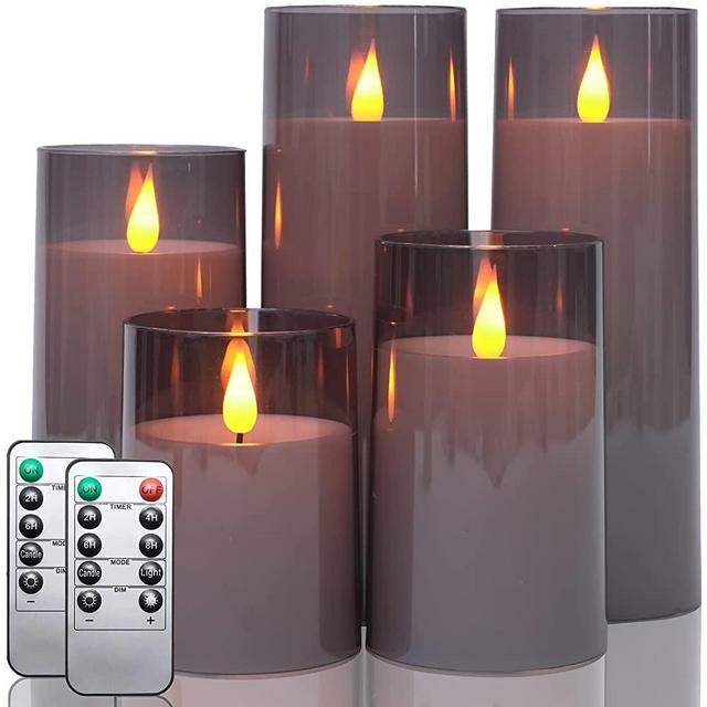 Fo32won Grey LED Flameless Pillar Candles Battery Operated with Remote and Timer, Set of 5 (D 3"×H 4" 5" 6" 8" 8") Plexiglass LED Flickering Candles with 3D Flame