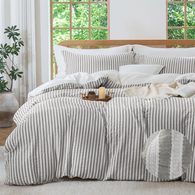 MILDLY Brown Jacquard Stripe Duvet Cover - 100% Washed Cotton Boho Textured Comforter Cover 3pcs with Zipper Closure 90"x90"