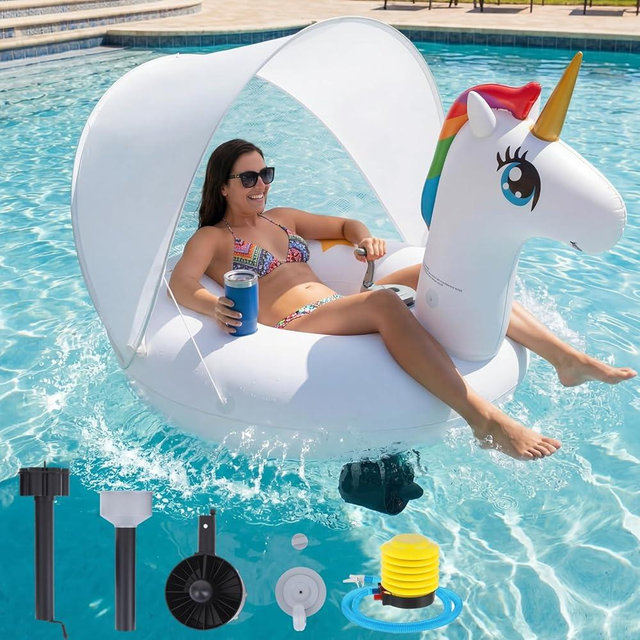 ShinyRelief Motorized Pool Float with Canopy for Adult, Unicorn Inflatable Pool Lounger Chair River Tube Floating with Pusher Handles Cup Holder and Pump for Water Beach Party Backyard