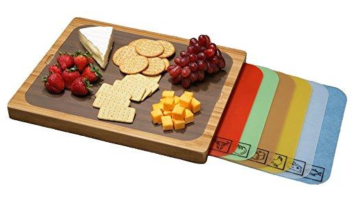 Seville Classics Easy-to-Clean Bamboo Cutting Board and 7 Color-Coded Flexible Cutting Mats with Food Icons Set