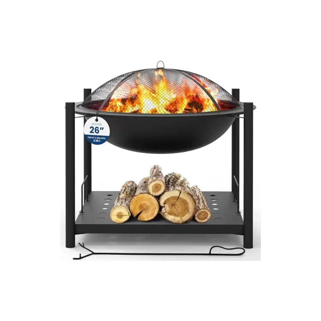 SereneLife Outdoor Wood Fire Pit - Steel BBQ Grill Fire Pit Bowl with Mesh Spark Screen, Log Grate, and Wood Fire Poker - SLNFWD74