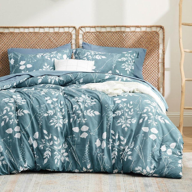 Bedsure King Size Comforter Set - 7 Pieces Floral Mineral Blue Soft Bedding Sets, King Bed in a Bag with Botanical Flowers Comforter, Sheets, Pillowcases & Shams
