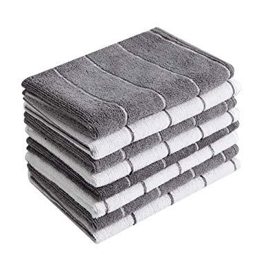 Microfiber Kitchen Towels - Super Absorbent, Soft and Solid Color Dish Towels, 8 Pack (Stripe Designed Grey and White Colors), 26 x 18 Inch