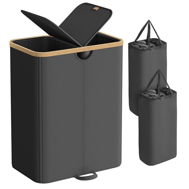 SONGMICS Laundry Hamper with Lids, Laundry Basket with 2 Compartments, 39 Gal. (150 L), Removable Liner Bag, for Laundry Room, Bedroom, Living Room, Ink Black and Light Bamboo ULCB523B01