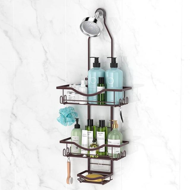 REINHARDT Shower Caddy Hanging Adjustable, Extended Length Rustproof Showers Caddy Over Showerhead with Hooks Soap Holder, Large Capacity Shower Organizer Anti-Swing Bathroom Organizer, Bronze