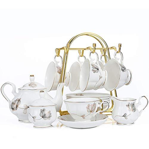 15-Piece Porcelain Ceramic Coffee Tea Gift Sets, Cups& Saucer Service for 6, Teapot, Sugar Bowl and Creamer Pitcher.