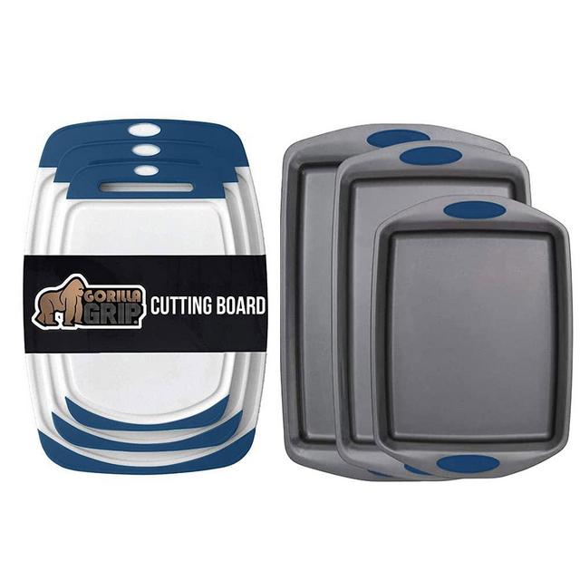 Gorilla Grip Cutting Board Set of 3 and Baking Pans Set of 3, Both in Blue Color, Cutting Boards are Dishwasher Safe, Baking Pans Include Large, Medium, and Small Sheet, 2 Item Bundle