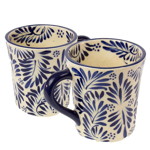 Global Crafts Encantada Handmade Hand-Painted Authentic Mexican Pottery Mugs (2-Pack, Blue Plumeado)
