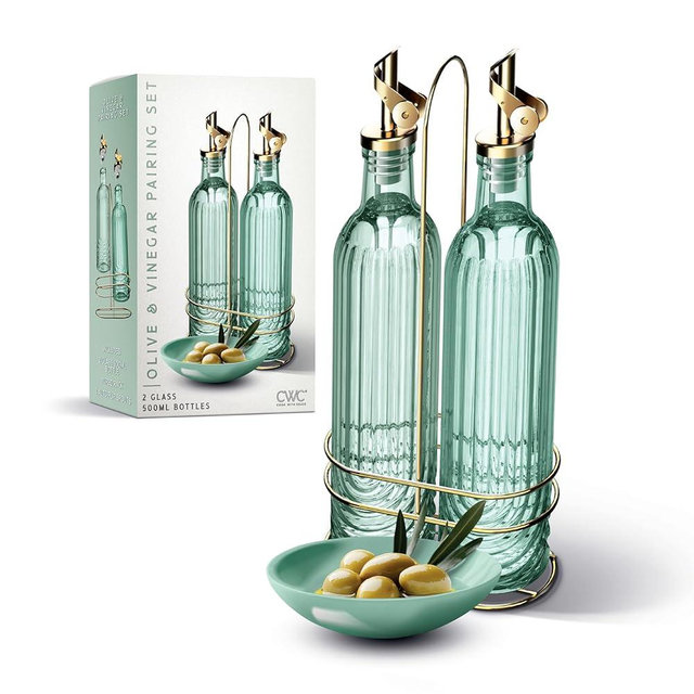 COOK WITH COLOR Glass Olive Oil Bottle Dispenser - 2 Pack- 17oz Oil and Vinegar Cruet - Olive Oil Carafe Decanter for Kitchen, Elegant Fluted, Green