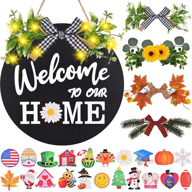 IDATOO Interchangeable Welcome Home Sign, Front Door Decor With 4 Seasonal Wreaths and 21 Changeable Icons, Rustic Wood Wall Porch Hanger for Holiday Halloween Christmas(Black)