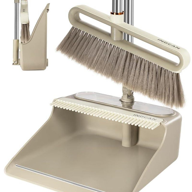INDCAN Broom and Dustpan Set with 52" Adjustable Long Handle, Upright Standing Dustpan with Comb Teeth, Foldable Dustpan, Angled Broom Head for Corners, Indoor Floor Sweeping Set (Santra Lite)