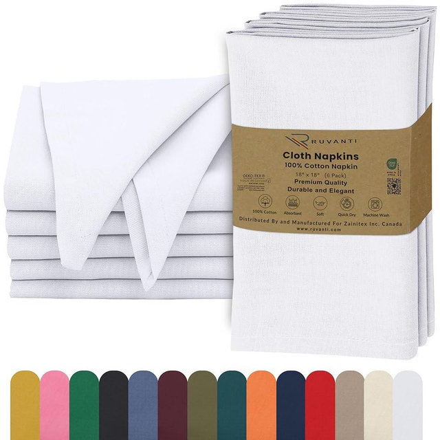 Ruvanti Cloth Napkins Set of 6, 18x18 Inches, Soft & 100% Cotton, Perfect for Weddings, Holidays & Dinners - White