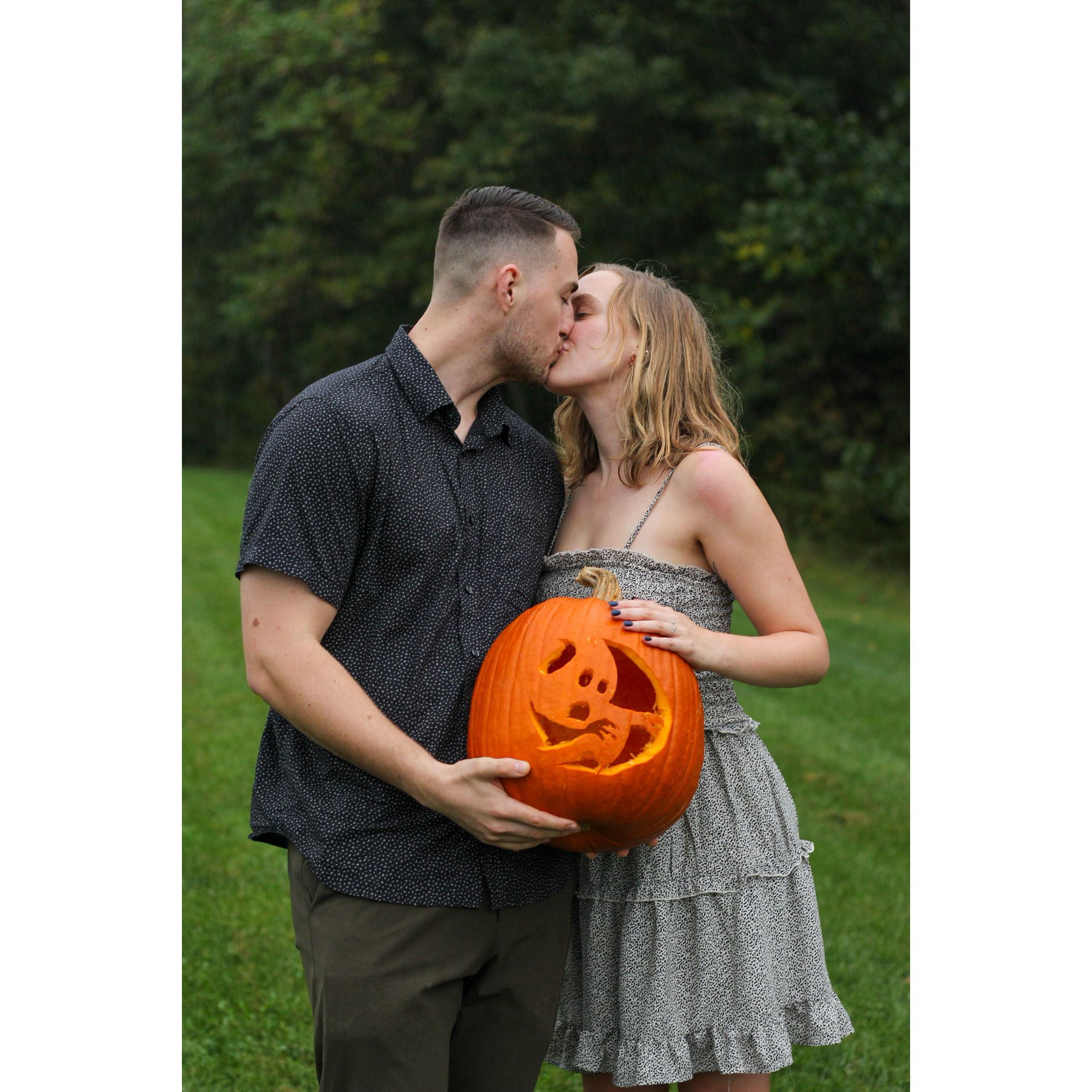 Michael proposed by carving this pumpkin and putting the ring inside.