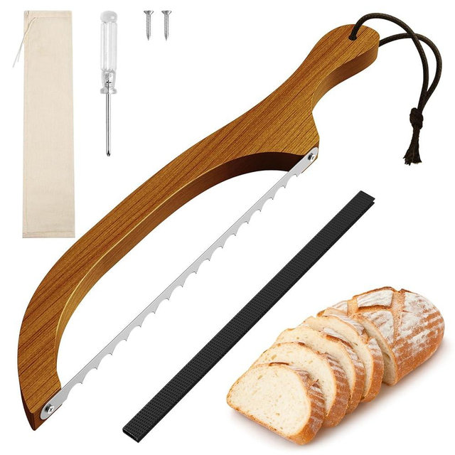 FTCIRA Bread Knife for Homemade Bread – 16" Walnut Bow Bread Cutter with Ultra-Sharp Serrated Stainless Steel Blade, Sourdough Bread Knife for Bagels, Baguettes, and Rustic Loaves - Walnut Color