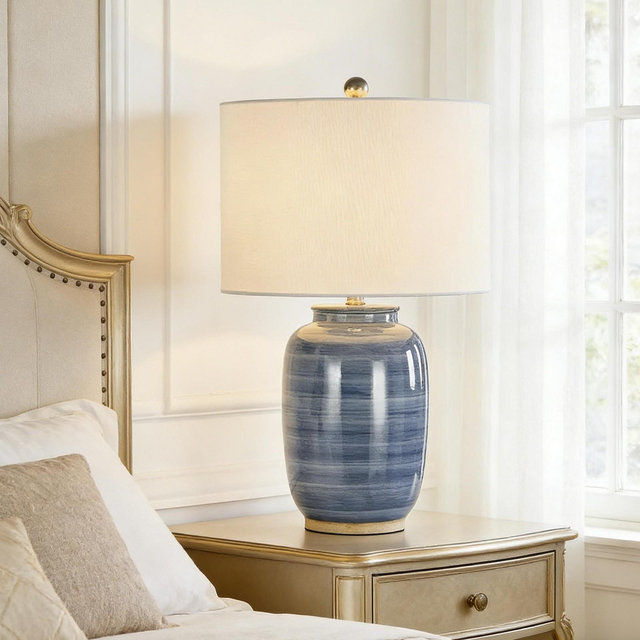 Maxax Blue Ceramic Table Lamp, Striped Design Desk Lamp with Beige Fabric Shade for Bedroom, Living Room, Coastal Decor