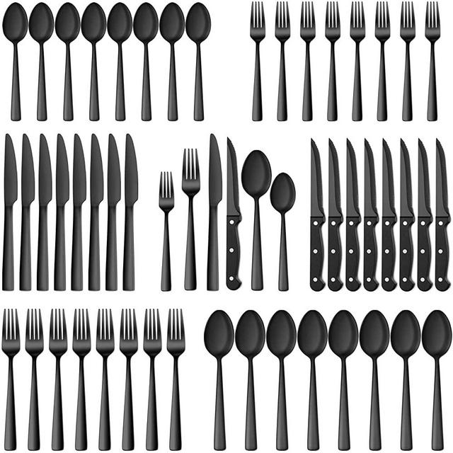 48 Pieces Black Silverware Set with Steak Knives, Yoehka Stainless Steel Flatware Set Service for 8, Mirror Polished Eating Tableware Set, Include Fork Knife Spoon Cutlery Set, Dishwasher Safe