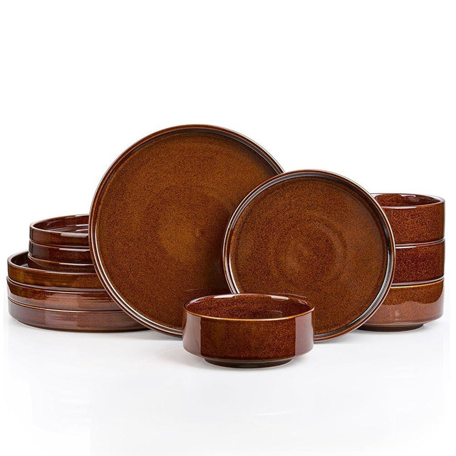 KINGSTONE Dinnerware Sets for 4 Porcelain Plates and Bowls Sets 12 Piece Reactive Glaze Scratch Resistant Dishware Microwave Safe Brown Dish Set for Party Daily Wedding