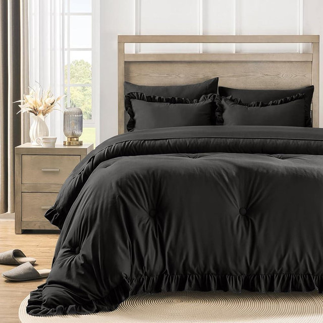 QUIETSEA Queen Bed in a Bag 7 Pieces Comforter Set Queen, Ruffle Bedding Comforter Set Black Bed Set with Comforter, Pillowcases, Flat Sheet, Fitted Sheet and Pillow Shams
