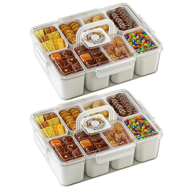 JOYZAN Divided Serving Tray with Lid and Handle - 2 Packs, Snackle Box Charcuterie Container 8 Compartment Snack Container Portable Snable Organizer for Fruits, Candy, Snacks, Picnic, Party&Travel