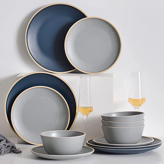 Gufaith 12Piece Melamine Dinnerware Set for 4,Christmas Dinnerware Sets,Blue and Grey Color, Modern Style,Dishwasher Safe,Unbreakable,Great for Party,BPA Free (Mix Color)