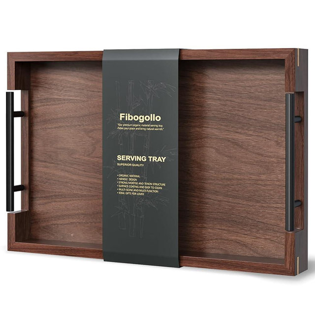 Fibogollo Walnut Wood Serving Tray with Metal Handles,15x10in Ottoman Decorative Trays Platter for Coffee Table,Living Room,Bar(Medium)