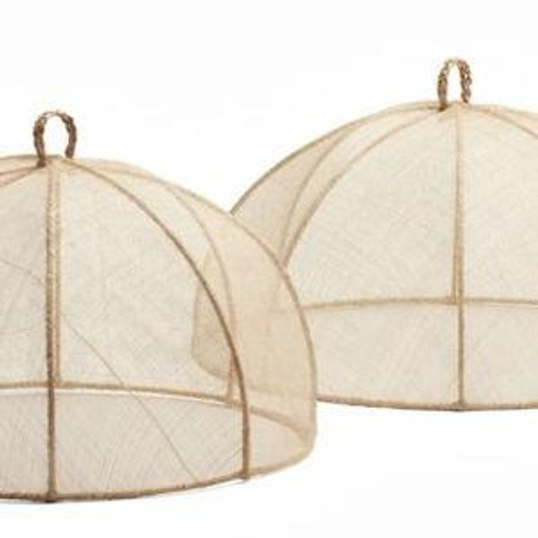 Rachel Beige Woven Sinamay Round Serveware Food Cover - Set of 2
