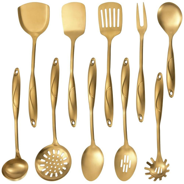 304 Stainlss Steel Kitchen Utensils Set, 10 Pcs Metal Cooking Utensil, Matte Kitchen Gadget Cookware and Kitchen Tool Set, Dishwasher Safe(Gold)