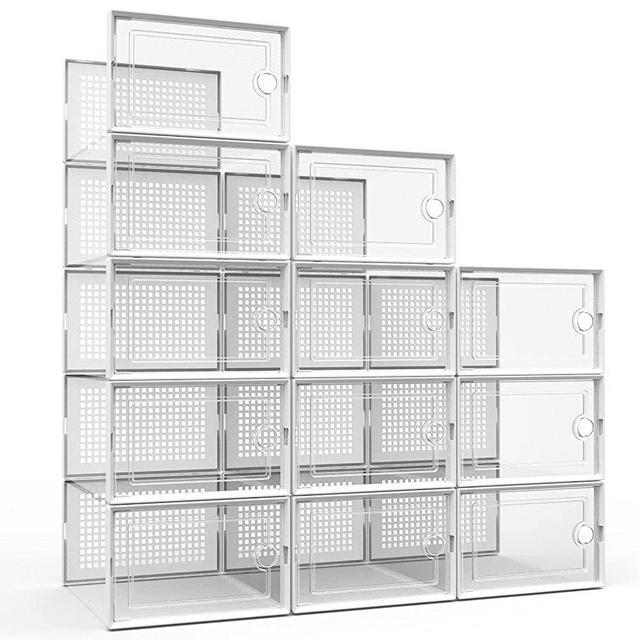 Kuject Large Shoe Organizers Storage Boxes for Closet 12 Pack, Clear Plastic Stackable Shoe Containers Bins with Lids, Under Bed Shoe Storage for Entryway, Drop Front, Fit Women's Size 12, White