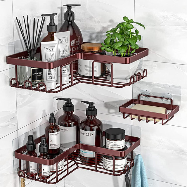 Corner Shower Caddy, YASONIC 3-Pack Adhesive Shower Caddy with Soap Holder and 12 Hooks, Rustproof Stainless Steel Bathroom Shower Organizer, No Drilling Wall Mounted Shower Rack, for Bathroom, Bronze