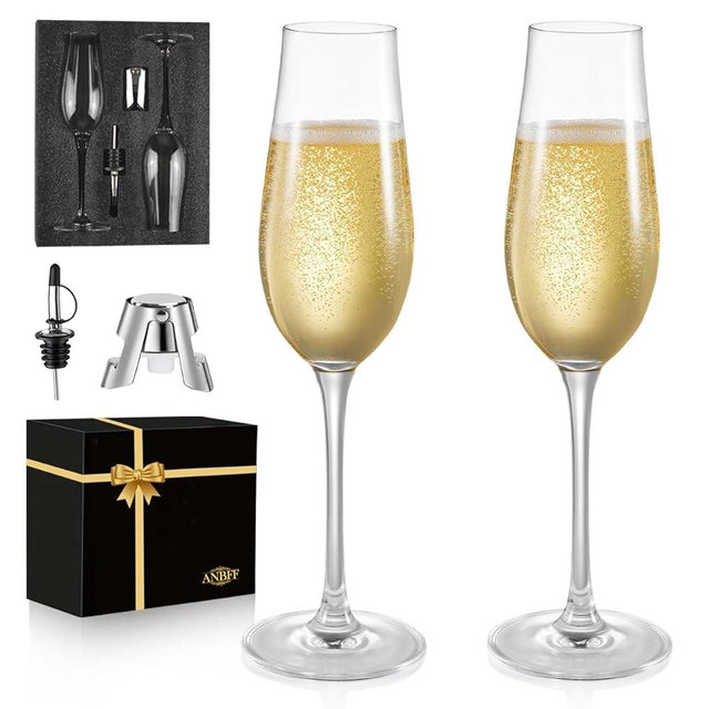 Champagne Flutes - Set of 2 Hand Blown Crystal Clear Glass - 8.2 Oz Champagne Glasses with Champagne Stopper and Gift Box - for Prosecco, Mimosa, Sparkling Wine