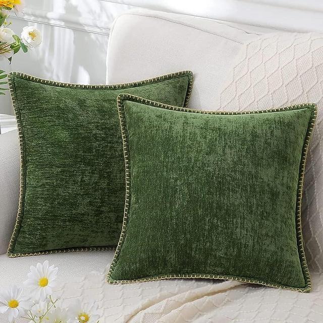 decorUhome Chenille Soft Throw Pillow Covers 20x20 Set of 2, Farmhouse Velvet Pillow Covers, Decorative Square Pillow Covers with Stitched Edge for Couch Sofa Bed, Forest Elf