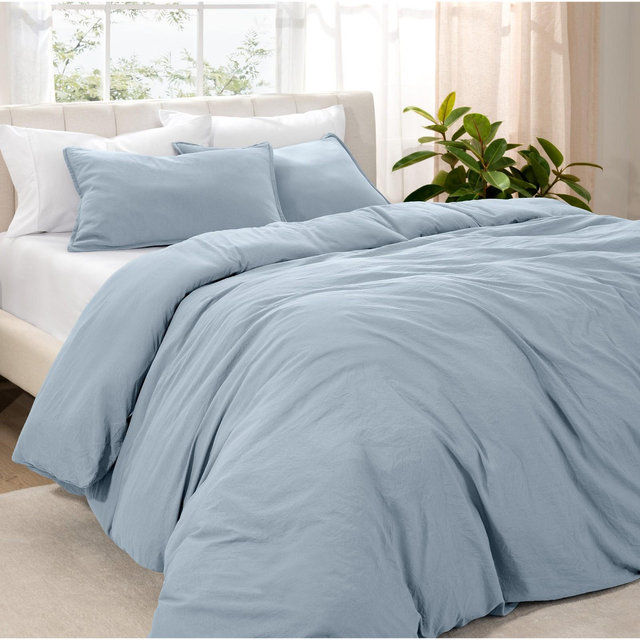 Washed Dusty Blue Oversized Queen Duvet Cover and Sham Set by Bare Home
