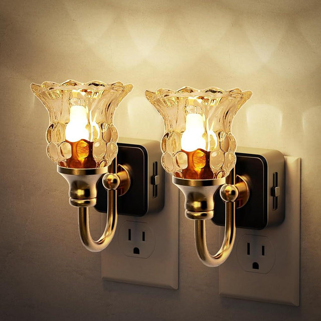 JandCase Night Light, 2 Pack Floral Night Lights Plug into Wall, Glass Flower LED Nightlight, 0-100 LM Dimmable Nightlights with Light Sensor, 1W Vintage Nite Light for Bathroom Gift Vanity Decor
