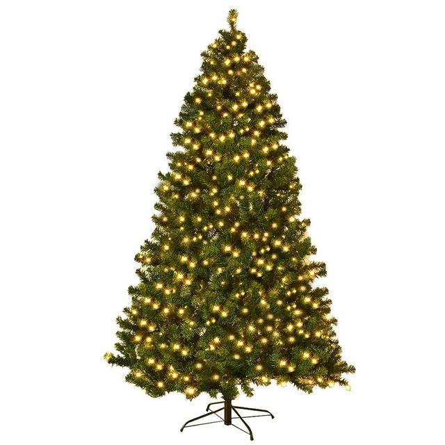 HAPPYGRILL 8FT Pre-lit Christmas Tree Artificial Hinged Xmas Tree for Home Holiday Décor, Metal Stand PVC Material 430 LED Lights, 1438 Branches Easy Setup & Storage
