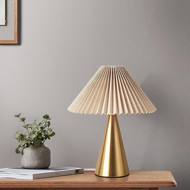 Ziqqeelam Gold Small Table Lamp, Cute Table Lamp, Pleated Table Lamp,Brass Gold Bedroom Lamps for Nightstand, Small Scalloped Lamp Shade Table Lamps for Small Spaces for Bedroom,Living Room