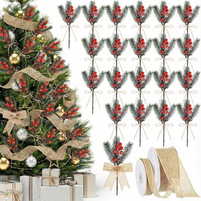 Suncalla 22 Pcs Christmas Artificial Floral Picks 8 Inch Red Berry Pine Cones Picks with Burlap Ribbon Rolls Fake Holly Branches for Wreaths Xmas Tree Arrangement Holiday DIY Gift Craft(Snow Frosted)