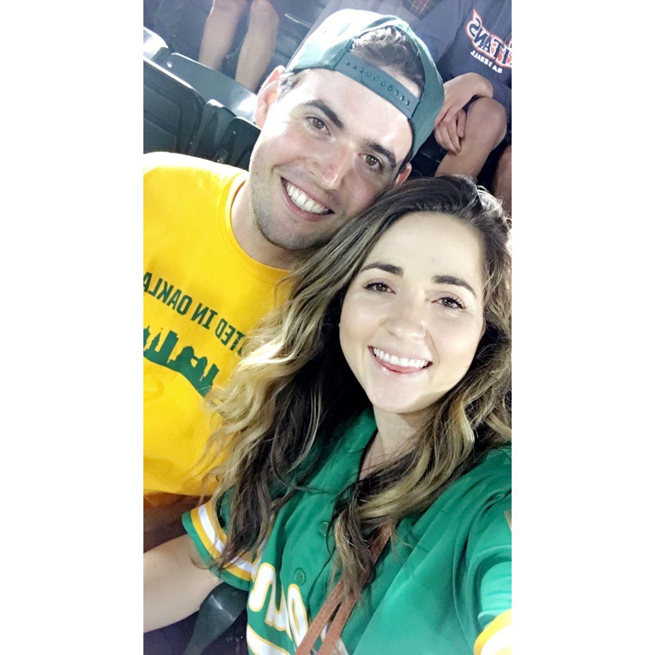 July 21, 2018 - At the Oakland A's baseball stadium watching a game. Going to baseball games is one of our favorite activities to do together!