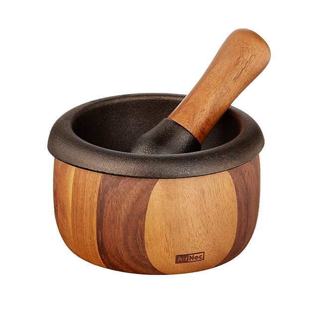 AdHoc Crush Wood and Cast Iron Mortar and Pestle - Cast Iron Mortar and Pestle for Kitchen - Small Grinding Bowl for Herbs and Spices - Acacia/Cast Iron, 5"