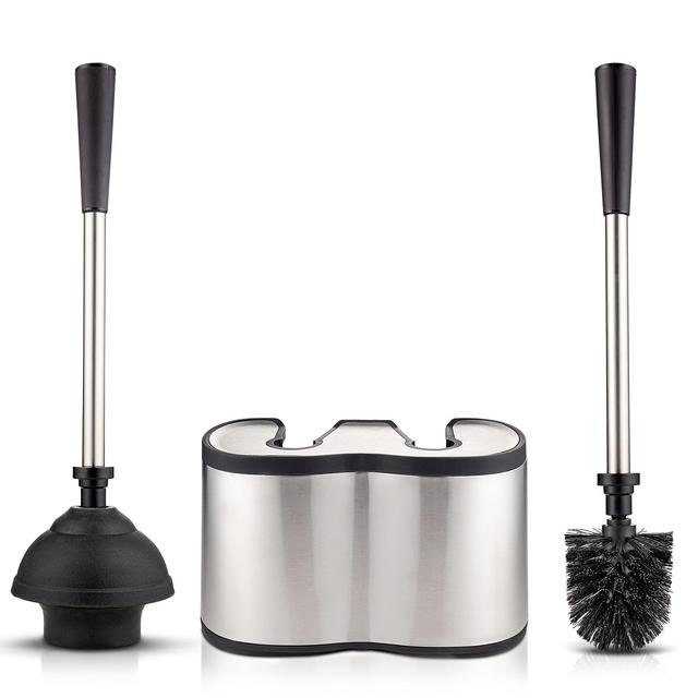 Toilet Brush and Plunger Set - Stainless Steel Plunger and Toilet Brush Combo with Freestanding Canister - Modern and Sleek Bathroom Cleaning Accessories