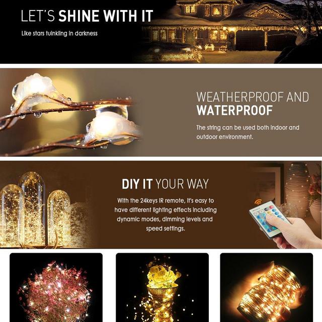 99ft 300LEDs Flexible Dimmable Copper Wire String Lights Plug In