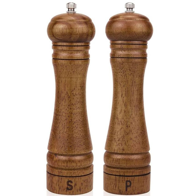 Wood Salt and Pepper Grinder Set, Salt Mill Pepper Grinder Set, Pepper Mill, Salt Shakers with Adjustable Ceramic Rotor- Oak Wood Pepper Grinder for Your Kitchen 8 inches - Pack of 2