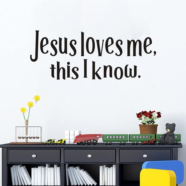 SEATUNE Wall Stickers for Kids, Nursery Wall Decals, Quotes Jesus Christian Bible Verse Prayer God Boys Baby Bedroom Inspirational Family Home Vinyl Art Wall Decor, Jesus Loves Me This I Know 23"X9"