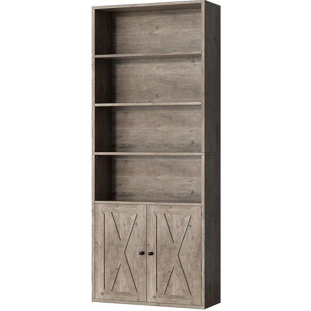 Shintenchi Bookshelf, Industrial Bookshelves and Bookcases with Doors Floor Standing 6 Shelf Display Storage Shelves 70.6 inches Tall Bookcase for Home Office, Living Room (Grey)