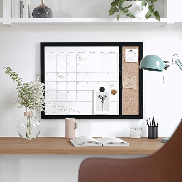 Martha Stewart Everette Magnetic Dry Erase Monthly Calendar and Cork Board Combo with Included Marker, Magnets, and Push Pins, 24"x18", Black Woodgrain Frame