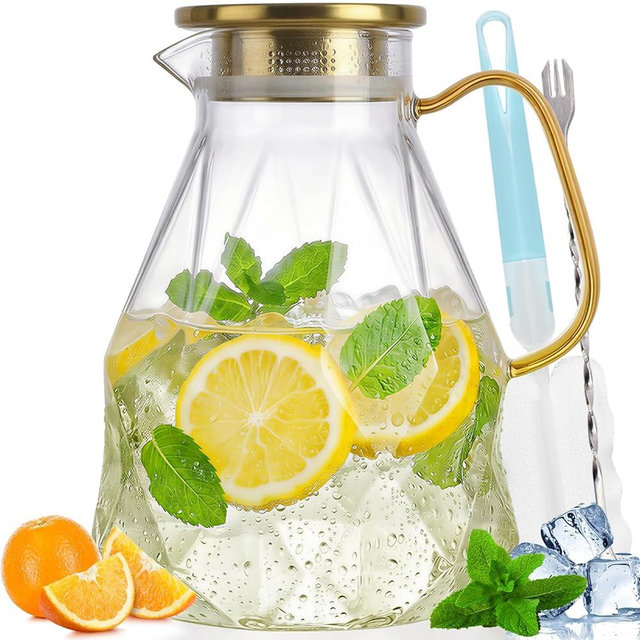 Yirilan Glass Pitcher, 2.2 Liter Water Pitcher With Lid,Iced Tea Pitcher for Fridge,Carafe With Lid, Glass Water Jug For Juice, Milk, Cold Or Hot Beverages, 2.2 Liter-New