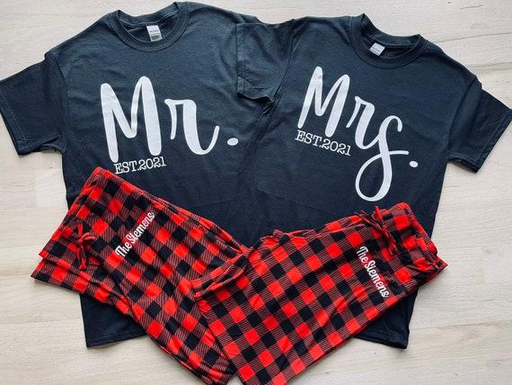Matching Mr and Mrs Pajama Set, Red Plaid PJ Pants Set for Bride Groom Husband Wife Anniversary Wedding Holiday Gift Christmas Plus Size