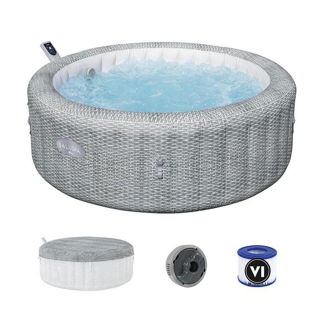 Bestway SaluSpa Bali Smart AirJet Inflatable Hot Tub Round Portable 4 to 6 Person Spa with 140 AirJets, App Control and EnergySense Cover, Grey Rattan